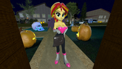 Size: 1920x1080 | Tagged: safe, artist:oatmeal!, derpibooru import, sunset shimmer, ghost, human, undead, equestria girls, 3d, accessory swap, bag, bat wings, bone, breasts, candy bag, cleavage, clothes, costume, decoration, eyebrows, gmod, halloween, halloween costume, holiday, humanized, looking at you, pumpkin, raised eyebrow, rouge the bat, rouge the bat costume, skeleton, skull, solo, sonic the hedgehog (series), standing, trick or treat, wings