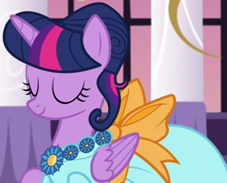Size: 1142x918 | Tagged: safe, derpibooru import, screencap, twilight sparkle, twilight sparkle (alicorn), alicorn, pony, g4, make new friends but keep discord, season 5, alternate hairstyle, beautiful, clothes, cropped, dress, elegant, eyes closed, female, folded wings, gala, gala dress, grand galloping gala, hair bun, jewelry, mare, necklace, smiling, solo, wings