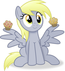 Size: 2927x3186 | Tagged: safe, artist:anime-equestria, derpibooru import, derpy hooves, pegasus, pony, g4, female, food, mare, muffin, simple background, sitting, smiling, solo, spread wings, transparent background, vector, wings