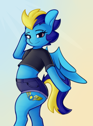 Size: 2193x2973 | Tagged: source needed, safe, artist:andelai, derpibooru import, oc, oc only, oc:blue angel, pegasus, semi-anthro, clothes, denim, denim shorts, female, looking at you, milf, pinup, short shirt, shorts, solo, wings