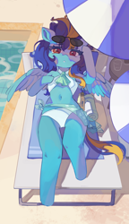 Size: 3006x5209 | Tagged: safe, artist:saxopi, derpibooru import, oc, oc only, oc:blue angel, pegasus, semi-anthro, belly button, clothes, female, mare, milf, solo, sunglasses, swimming pool, swimsuit, towel, umbrella, wings