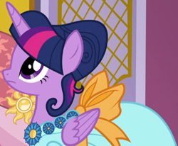 Size: 748x617 | Tagged: safe, derpibooru import, screencap, princess celestia, twilight sparkle, twilight sparkle (alicorn), alicorn, pony, g4, make new friends but keep discord, season 5, alternate hairstyle, clothes, cropped, dress, female, frown, gala dress, mare, offscreen character, solo focus