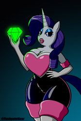 Size: 1000x1500 | Tagged: safe, artist:flashpointgear, derpibooru import, rarity, anthro, unicorn, bedroom eyes, breasts, chaos emerald, cleavage, clothes, costume, eyelashes, female, gradient background, hand on hip, latex, latex suit, lipstick, makeup, rouge the bat costume, solo, sonic the hedgehog (series)