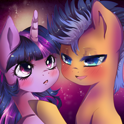 Size: 1600x1600 | Tagged: safe, artist:chocori, derpibooru import, flash sentry, twilight sparkle, pony, unicorn, bedroom eyes, blushing, bust, eyelashes, female, flashlight, male, open mouth, raised hoof, raised leg, shipping, straight