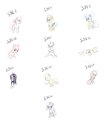 Size: 2863x3325 | Tagged: safe, artist:wapamario63, apple bloom, bellflower blurb, candy apples, mane allgood, princess celestia, sweetie belle, trixie, windstorm, earth pony, pegasus, pony, unicorn, armor, bow, clothes, cute, dancing, emo, family guy death pose, female, filly, foal, guardsmare, hard hat, hooves, mare, older, older sweetie belle, punklestia, raised hoof, raised leg, royal guard, ruby splash, simple background, sitting, sketch, sketch dump, solo, summermint, sweater, underhoof, white background