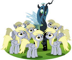 Size: 2160x1813 | Tagged: safe, artist:xkappax, derpibooru import, derpy hooves, queen chrysalis, changeling, changeling queen, pegasus, pony, derpies, female, mare, multeity, palindrome get, simple background, transparent background, unstoppable force of derp