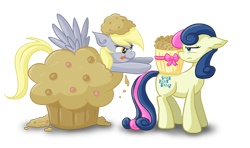 Size: 1077x639 | Tagged: safe, artist:xkappax, derpibooru import, bon bon, derpy hooves, sweetie drops, earth pony, pegasus, pony, bon bon is not amused, camouflage, disguise, duo, female, food, giant muffin, mare, muffin, simple background, tongue, tongue out, transparent background, unamused