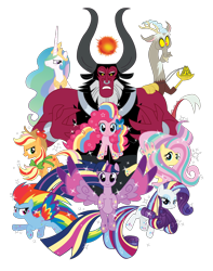 Size: 1080x1368 | Tagged: safe, artist:xkappax, derpibooru import, applejack, discord, fluttershy, lord tirek, pinkie pie, princess celestia, rainbow dash, rarity, twilight sparkle, twilight sparkle (alicorn), alicorn, centaur, draconequus, earth pony, pegasus, pony, taur, unicorn, twilight's kingdom, 2015, design, female, jewelry, male, mane six, mare, necklace, nose piercing, nose ring, piercing, rainbow power, scorpan's necklace, septum piercing, shirt design, simple background, transparent background, vector