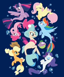 Size: 831x1000 | Tagged: safe, artist:xkappax, derpibooru import, applejack, fluttershy, pinkie pie, princess skystar, rainbow dash, rarity, spike, twilight sparkle, twilight sparkle (alicorn), alicorn, earth pony, fish, pegasus, seapony (g4), unicorn, g4, my little pony: the movie, blue background, blue eyes, bubble, clothes, cute, digital art, dorsal fin, eyelashes, eyeshadow, female, fin, fin wings, fins, fish tail, flower, flower in hair, flowing mane, flowing tail, freckles, glowing, happy, jewelry, makeup, mane seven, mane six, mare, merchandise, necklace, ocean, open mouth, open smile, pearl necklace, puffer fish, seaponified, seapony applejack, seapony fluttershy, seapony pinkie pie, seapony rainbow dash, seapony rarity, seapony twilight, shirt, simple background, smiling, species swap, spike the pufferfish, swimming, t-shirt, tail, underwater, water, wings