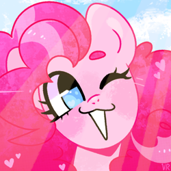 Size: 1000x1000 | Tagged: safe, artist:vivian reed, derpibooru import, pinkie pie, earth pony, pony, beanbrows, bust, close-up, crepuscular rays, cute, diapinkes, eyebrows, female, grin, heart, heart eyes, looking at you, mare, one eye closed, open mouth, open smile, portrait, smiling, smiling at you, solo, wingding eyes, wink, winking at you