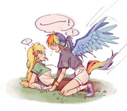 Size: 2677x2334 | Tagged: safe, artist:jsdhwdmax028, derpibooru import, applejack, rainbow dash, human, equestria girls, duo, humanized, looking at each other, looking at someone, lying down, open mouth, simple background, sitting, tail, tailed humanization, white background, winged humanization, wings