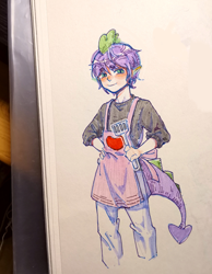 Size: 2136x2757 | Tagged: safe, artist:jsdhwdmax028, derpibooru import, spike, human, apron, blushing, clothes, humanized, photo, smiling, solo, tail, traditional art