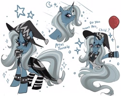 Size: 2048x1623 | Tagged: safe, artist:petaltwinkle, derpibooru import, trixie, pony, unicorn, balloon, bust, clothes, clown, eye clipping through hair, face paint, female, hat, hoof hold, it, mare, simple background, socks, solo, sparkles, spiked wristband, striped socks, white background, witch hat, wristband