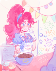 Size: 1200x1519 | Tagged: safe, artist:jsdhwdmax028, derpibooru import, pinkie pie, human, equestria girls, apron, clothes, cupcake, food, gloves, hairband, photo, ponytail, solo