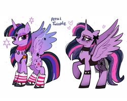 Size: 2048x1623 | Tagged: safe, artist:petaltwinkle, derpibooru import, twilight sparkle, twilight sparkle (alicorn), alicorn, pony, choker, clothes, emo, female, heart, heart eyes, leg warmers, lidded eyes, mare, ribbon, see-through, see-through skirt, shoes, simple background, skirt, smiling, solo, spread wings, white background, wingding eyes, wings