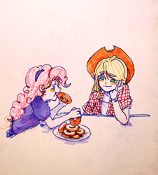 Size: 2374x2631 | Tagged: safe, artist:jsdhwdmax028, derpibooru import, applejack, pinkie pie, human, equestria girls, clothes, duo, eating, food, hat, jacket, photo, smiling, traditional art