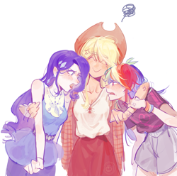 Size: 2165x2149 | Tagged: safe, artist:jsdhwdmax028, derpibooru import, applejack, rainbow dash, rarity, human, equestria girls, angry, clothes, eyes closed, frown, hairpin, hat, jewelry, looking at each other, looking at someone, necklace, open mouth, shorts, simple background, skirt, smiling, trio, white background