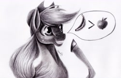 Size: 4875x3166 | Tagged: safe, artist:cahandariella, derpibooru import, applejack, earth pony, pony, apple, banana, bust, food, hat, meme, pencil drawing, portrait, solo, sternocleidomastoid, traditional art