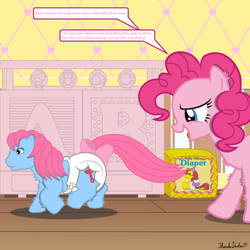 Size: 2000x2000 | Tagged: safe, artist:thunderdasher07, derpibooru import, baby cuddles, pinkie pie, fish, pony, rabbit, g1, g4, 40th anniversary, animal, anniversary art, baby, baby chick, baby pony, babysitting, bags under eyes, bow, changing table, chase, chest fluff, diaper, diaper package, duo, duo female, duo focus, ear fluff, ears, female, filly, foal, foalsitting, generational ponidox, hair bow, high res, hoof fluff, implied cake twins, leg fluff, looking back, lullabye nursery, mare, mlp fim's thirteenth anniversary, nursery, plushie, raised hoof, raised leg, running, running away, speech bubble, tail, tail bow, talking, teddy bear, tired