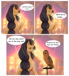 Size: 3424x3777 | Tagged: safe, artist:fridagloria, derpibooru import, oc, oc only, oc:kalistas, oc:ro, alicorn, bird, owl, pony, comic, dialogue, duo, eyes closed, female, high res, mare, speech bubble