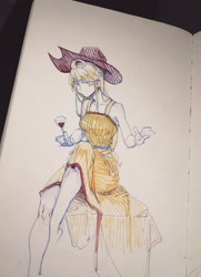 Size: 2178x3010 | Tagged: safe, artist:jsdhwdmax028, derpibooru import, applejack, human, equestria girls, alcohol, clothes, dress, drink, freckles, hat, photo, sitting, solo, traditional art