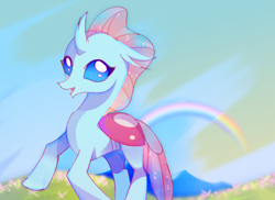 Size: 1906x1390 | Tagged: safe, artist:aureate serene, derpibooru exclusive, derpibooru import, blossom, ocellus, g1, female, hill, joyful, rainbow, sky, valley