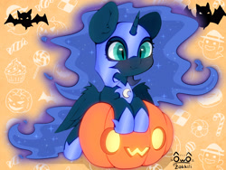 Size: 4000x3000 | Tagged: safe, artist:zokkili, derpibooru import, nightmare moon, princess luna, alicorn, pony, g4, cute, female, filly, foal, halloween, high res, holiday, horn, jack-o-lantern, moonabetes, nicemare moon, nightmare woon, pumpkin, signature, slit eyes, solo, sparkles, wings, woona, younger