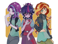 Size: 1600x1200 | Tagged: safe, alternate version, artist:beimu09296, derpibooru import, sci-twi, starlight glimmer, sunset shimmer, twilight sparkle, human, equestria girls, beanie, clothes, female, glasses, hat, jacket, looking at you, open mouth, ponytail, skirt, trio, trio female