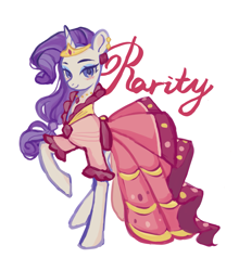 Size: 2343x2667 | Tagged: safe, artist:beimu09296, derpibooru import, rarity, pony, unicorn, blushing, clothes, dress, eyebrows, eyeshadow, female, gala dress, high res, jewelry, looking at you, makeup, mare, raised hoof, raised leg, rarity's first gala dress, simple background, smiling, smiling at you, solo, text, tiara, white background