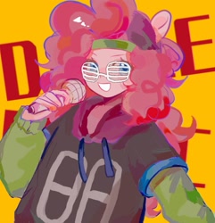 Size: 1143x1184 | Tagged: safe, artist:beimu09296, derpibooru import, pinkie pie, human, equestria girls, clothes, glasses, jacket, looking at you, microphone, rapper pie, smiling, solo