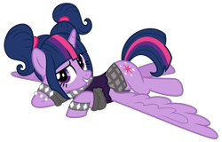 Size: 2500x1600 | Tagged: safe, artist:melisareb, derpibooru exclusive, derpibooru import, twilight sparkle, twilight sparkle (alicorn), alicorn, pony, .svg available, bracelet, choker, clothes, female, gameloft, jewelry, lying down, mare, pigtails, prone, rockstar, rockstar sparkle, simple background, skirt, smiling, solo, svg, transparent background, vector