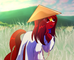 Size: 960x779 | Tagged: safe, artist:diniarvegafinahar, derpibooru import, earth pony, pony, asian conical hat, female, field, hat, looking up, mare, mountain, nation ponies, ponified, solo, species swap, vietnam