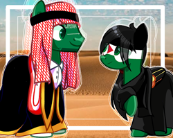 Size: 640x509 | Tagged: safe, artist:diniarvegafinahar, derpibooru import, earth pony, pegasus, pony, cloak, clothes, colored wings, desert, dress, duo, female, keffiyeh, looking at each other, looking at someone, male, mare, multicolored wings, nation ponies, palestine, ponified, saudi arabia, species swap, stallion, west asia, wings