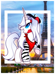 Size: 716x960 | Tagged: safe, artist:diniarvegafinahar, derpibooru import, pony, unicorn, bandana, beret, clothes, eiffel tower, eye clipping through hair, female, france, hat, looking at you, mare, nation ponies, paris, ponified, raised hoof, raised leg, smiling, solo, species swap, sweater