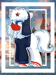 Size: 720x960 | Tagged: safe, artist:diniarvegafinahar, derpibooru import, earth pony, pony, church, clothes, hat, jacket, male, moscow, nation ponies, no cutie marks because im lazy, ponified, russia, saint basil's cathedral, solo, species swap, stallion, stars, ushanka