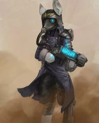 Size: 2400x3000 | Tagged: safe, artist:blvckmagic, derpibooru import, oc, oc only, cyborg, earth pony, pony, semi-anthro, adeptus mechanicus, amputee, bandage, bipedal, clothes, crossover, gun, helmet, mask, prosthetic leg, prosthetic limb, prosthetics, soldier, solo, warhammer (game), warhammer 40k, weapon