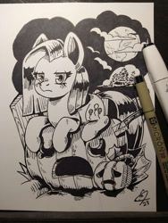 Size: 900x1200 | Tagged: safe, artist:lexx2dot0, derpibooru import, pinkie pie, earth pony, pony, halloween, holiday, jack-o-lantern, moon, night, pinkamena diane pie, pumpkin, solo, traditional art