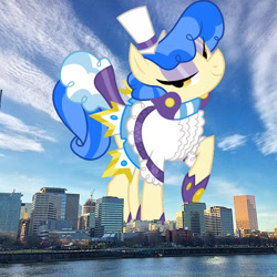 Size: 640x640 | Tagged: safe, artist:dashiesparkle edit, derpibooru import, edit, editor:jaredking779, sapphire shores, earth pony, pony, clothes, eyeshadow, female, giant pony, giantess, hat, highrise ponies, irl, lidded eyes, looking at you, macro, makeup, mare, oregon, photo, ponies in real life, portland, raised hoof, raised leg, smiling, solo, story included