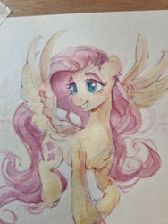 Size: 1536x2048 | Tagged: safe, artist:laymy, derpibooru import, fluttershy, pegasus, pony, chest fluff, female, grin, lidded eyes, mare, smiling, solo, spread wings, traditional art, watercolor painting, wings