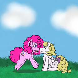 Size: 2048x2048 | Tagged: safe, artist:mintymelody, derpibooru import, pinkie pie, surprise, earth pony, pegasus, g1, background, digital art, jumping, mlp fim's thirteenth anniversary