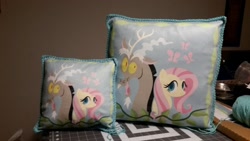 Size: 1500x844 | Tagged: safe, artist:coreyscorner, derpibooru import, butterfly, discordant harmony, duo, duo male and female, female, male, pillow, product, selling