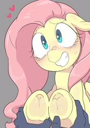 Size: 2507x3541 | Tagged: safe, artist:gakushuogawa, derpibooru import, fluttershy, human, pegasus, pony, blushing, bust, cute, ears, female, female focus, floppy ears, frog (hoof), heart, hoofbutt, mare, nervous, nervous smile, offscreen character, pov, shyabetes, smiling, solo focus, sweat, underhoof