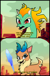 Size: 1024x1541 | Tagged: safe, artist:angelzillah, derpibooru import, tianhuo, velvet reindeer, dragon, hybrid, longma, them's fightin' herds, 2 panel comic, comic, community related, dialogue, female, icicle, mane of fire