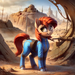 Size: 2176x2176 | Tagged: safe, ai content, derpibooru import, machine learning generated, earth pony, pony, fallout equestria, clothes, female, jumpsuit, mare, post-apocalyptic, solo, vault suit