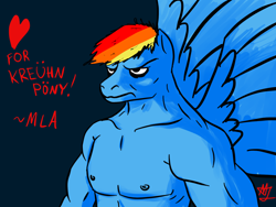 Size: 1280x960 | Tagged: safe, artist:mylittleawesome, derpibooru import, rainbow dash, anthro, pegasus, pony, .mov, black background, heart, manly, muscles, nipples, nudity, pony.mov, simple background, solo, swag.mov, text