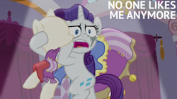 Size: 1280x719 | Tagged: safe, derpibooru import, edit, edited screencap, editor:quoterific, screencap, rarity, fame and misfortune, makeup, mannequin, marshmelodrama, rarity being rarity, running makeup, solo