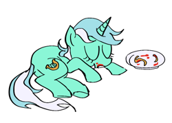 Size: 417x298 | Tagged: safe, artist:saltycube, derpibooru import, lyra heartstrings, pony, unicorn, eyes closed, female, food, ketchup, mare, pasta, plate, sauce, simple background, sleeping, solo, spaghetti, white background