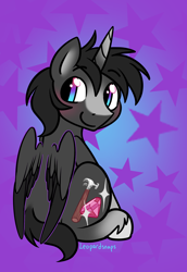 Size: 1668x2424 | Tagged: safe, artist:leopardsnaps, derpibooru import, oc, oc only, oc:crystal nightshine, alicorn, pony, abstract background, alicorn oc, alicornified, blaze (coat marking), coat markings, colored hooves, facial markings, gradient hooves, gradient horn, hooves, horn, looking at you, looking over shoulder, male, race swap, sitting, solo, stallion, unshorn fetlocks, wings