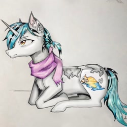 Size: 1170x1164 | Tagged: safe, artist:hysteriana, derpibooru import, oc, oc:evening lake, pony, unicorn, amber eyes, chest fluff, clothes, cyan, horn, lying down, male, orange eyes, piercing, ponytail, rule 63, scarf, solo, spots, spotted, stallion, unicorn oc