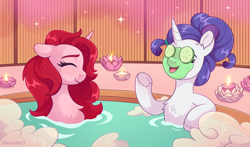 Size: 2048x1205 | Tagged: safe, artist:skysorbett, derpibooru import, rarity, oc, oc:ruby shine, pony, unicorn, candle, cucumber, duo, eyes closed, female, foam, food, mud mask, open mouth, open smile, relaxing, smiling, spa, water